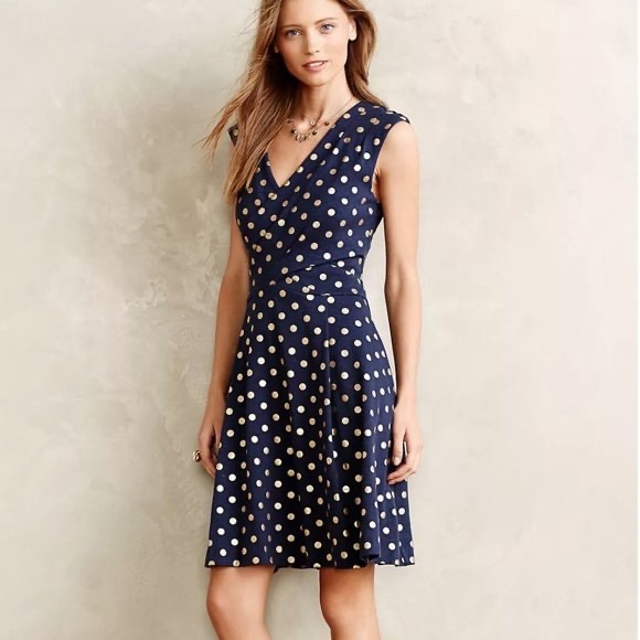 Anthropologie Maeve Ophira Polka Dot Dress S Navy Gold - Picture 2 of 11